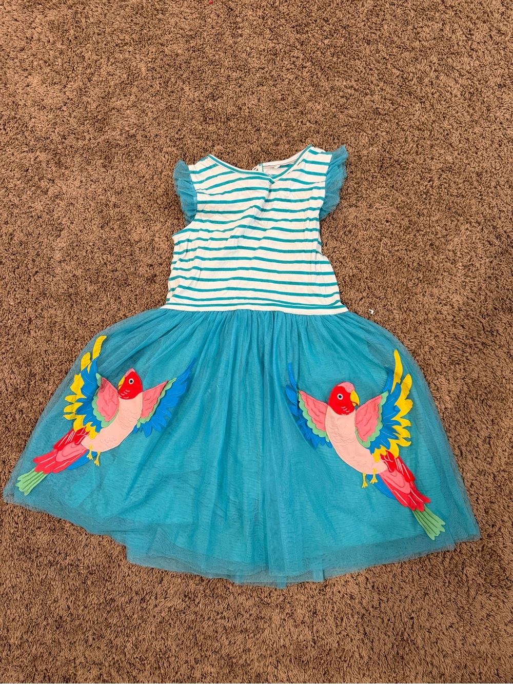 Mini Boden Girls Teal Embroidered Parrot Tulle Dress with Striped top